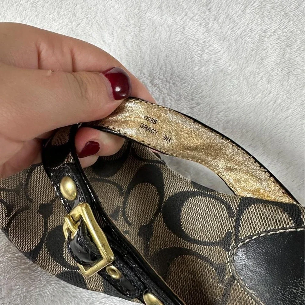 Coach Gracy black gray signature monogram canvas thong wedge sandals y2k mcbling